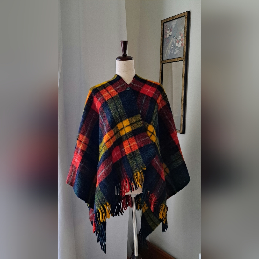 VTG 50s 60s Best & Co Tartan Plaid Wool Poncho Cape Fringe